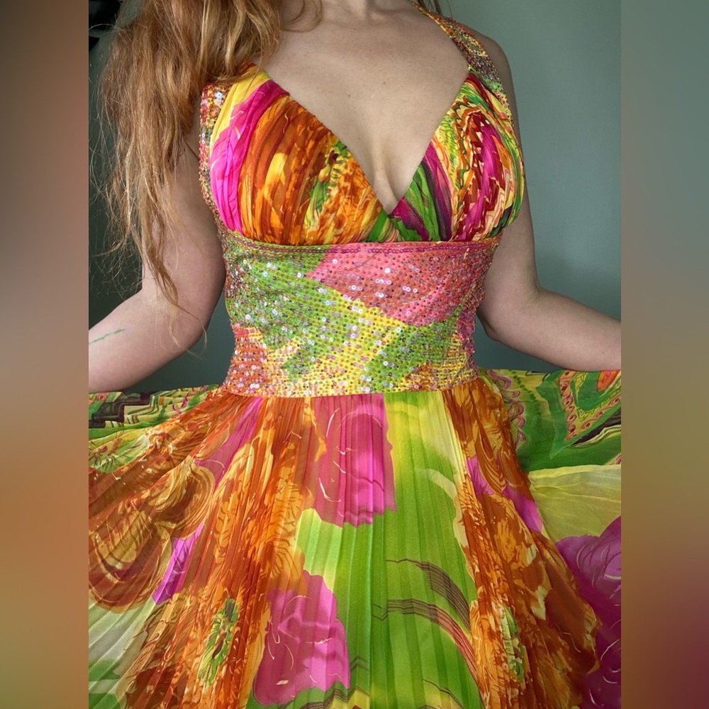 Tropical Floral Multi-Color Evening Gown Maxi Dress with Beading and Sequins - Picture 8 of 8